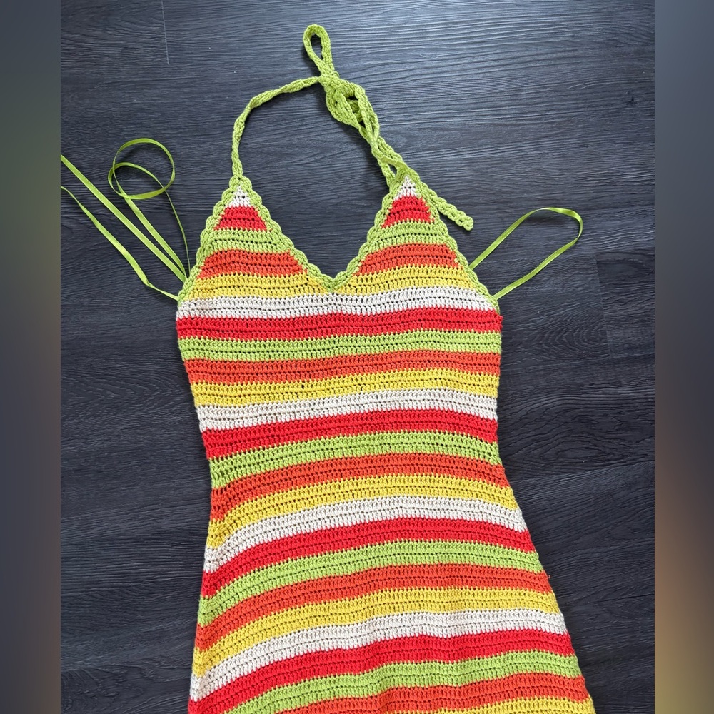 REVOLVE Striped Crochet Halter Jumpsuit in Lime, Red, Yellow & Cream - Picture 5 of 9